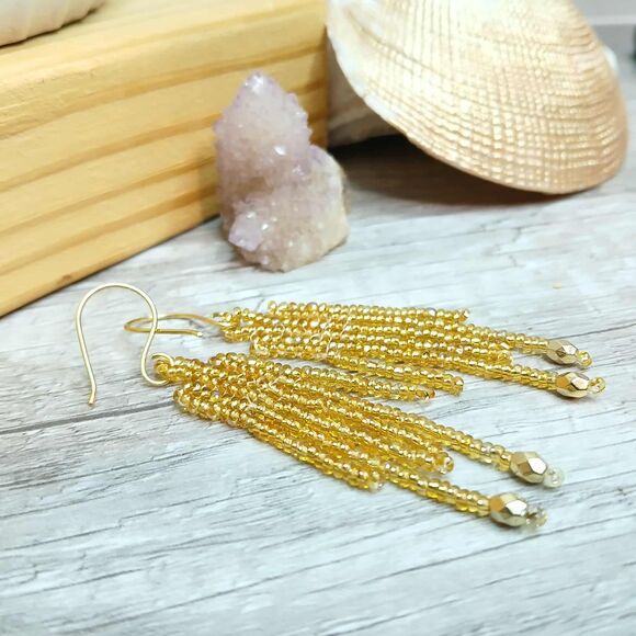 Gold Beaded Dangle Fringe Earrings, Seed Bead Jewelry, Boho Chic, 3" - Picture 5 of 6